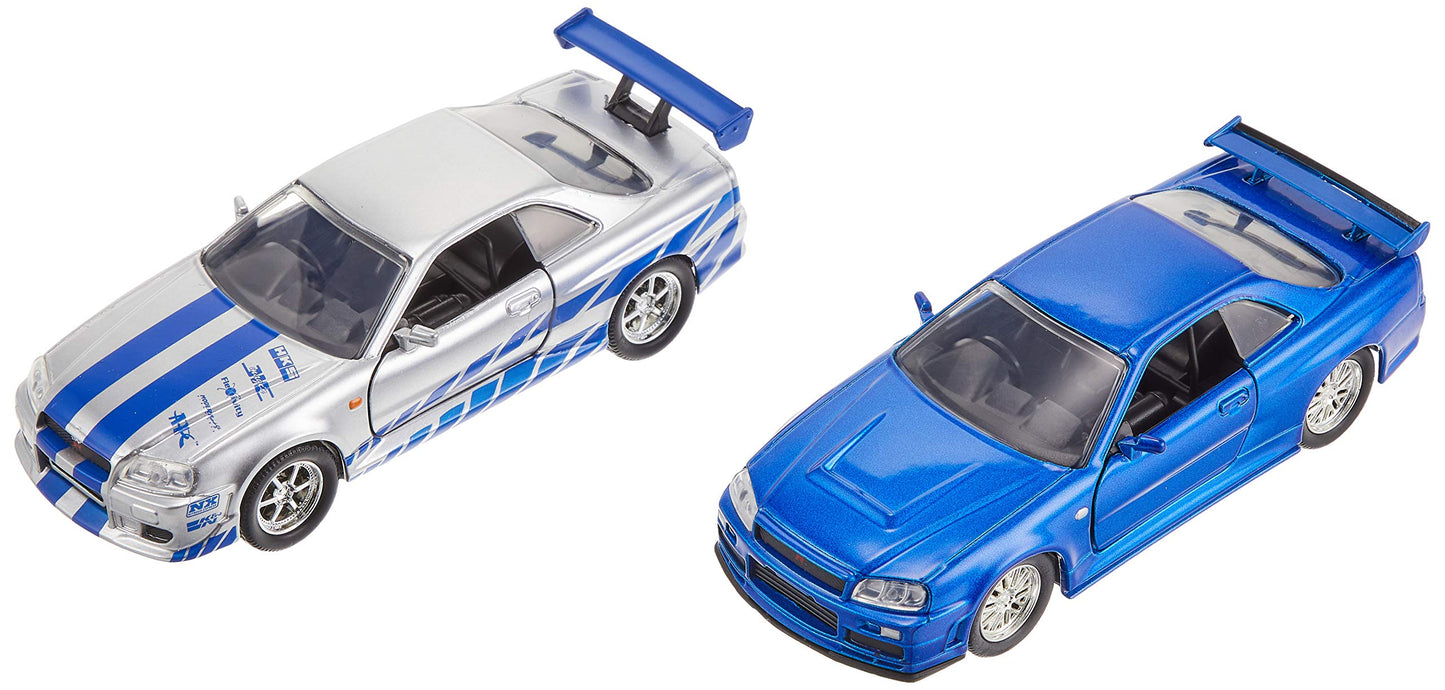 Fast & Furious Brians Nissan Skyline GT-R R34 Silver & Nissan GT-R R34 Blue 1:32 Die - cast Car Toys for Kids and Adults