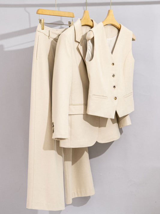 Wool Suit Set for Women, Three-Piece Autumn and Winter Formal Wear, Vest, Straight-Leg Wide-Leg Pants, Small Blazer, Elegant and Stylish