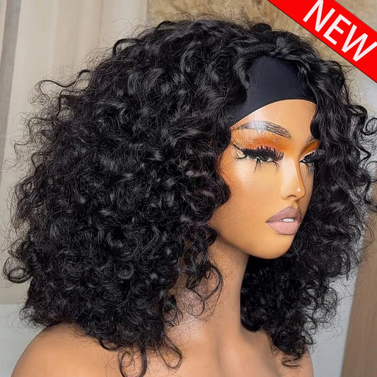 Headband Wig Human Hair Curly No Glueless Full Machine Made Wigs 400 Density 100% Human Hair Wigs For Women 10-18 Inch For Women