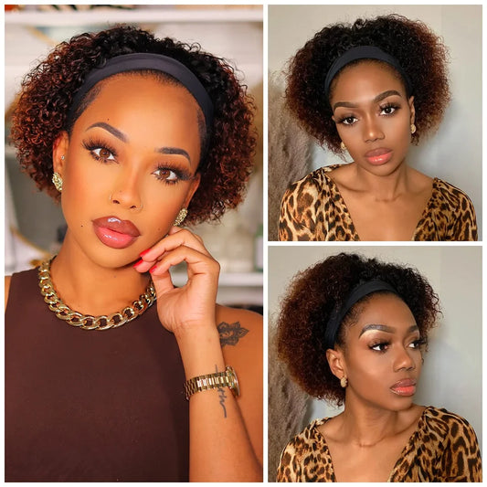 Headband Wig Human Hair Curly Wigs Brown Wear And Go Headband Wigs Glueless Wig With Elastic Band Pixie Cut Curly Human Wigs