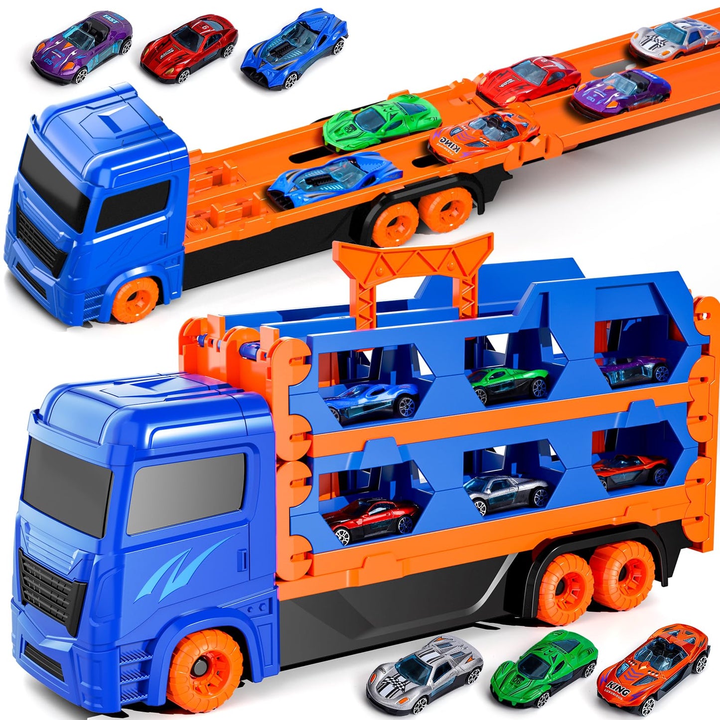 iHaHa Toddler Toys for 3 4 5 6 Years Old Boys Die-Cast Transport Truck Car Toys 64 -Inch Race Track for Boys Kids Toddler Car Toys Track Set for Kids Boys Girls
