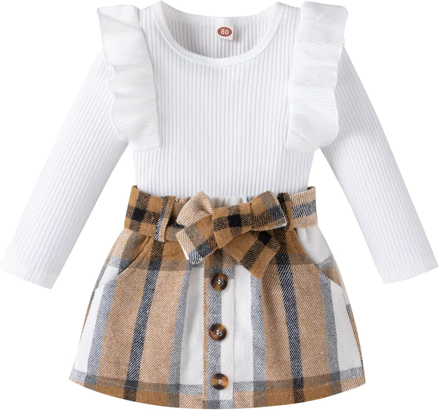 Kupretty Toddler Baby Girl Fall Winter Clothes Turtleneck Solid Knit Pullover Tops Plaid Button Mini Skirts Set Outfits