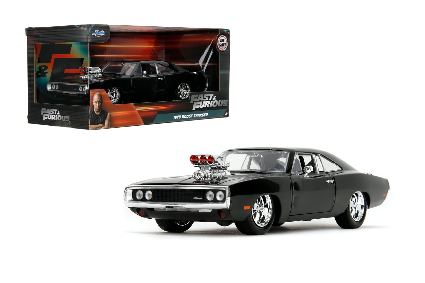 Jada Toys Fast & Furious 1:24 Doms 1970 Dodge Charger R/T Die-cast Car Toys for Kids and Adults Black