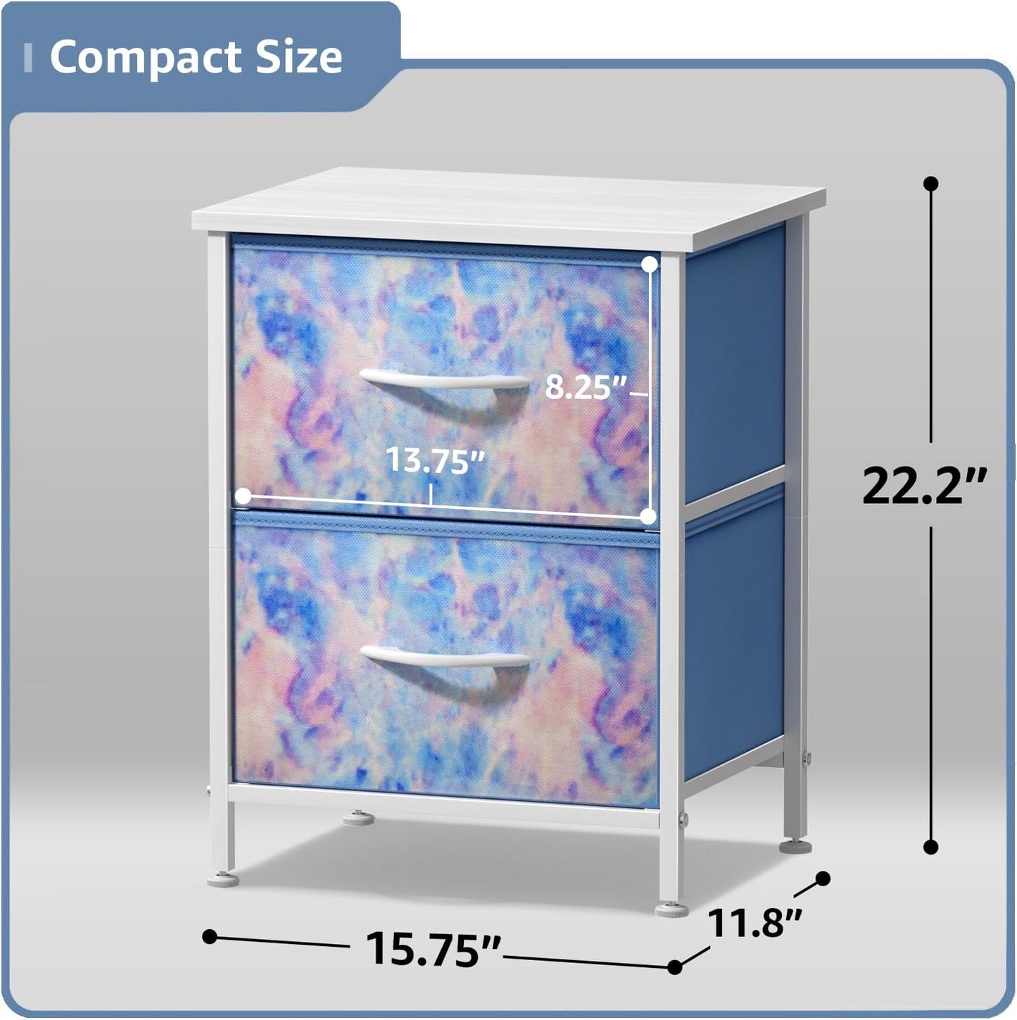 2-Drawer Kids Nightstand for Bedroom (Tie-Dye Blue)
