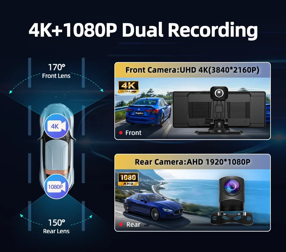 10.26" H9 Pro 4K Dash Cam ADAS Wireless Carplay Android Auto Car DVR Camera AUX 5G Wifi GPS Navigation Video Recorder
