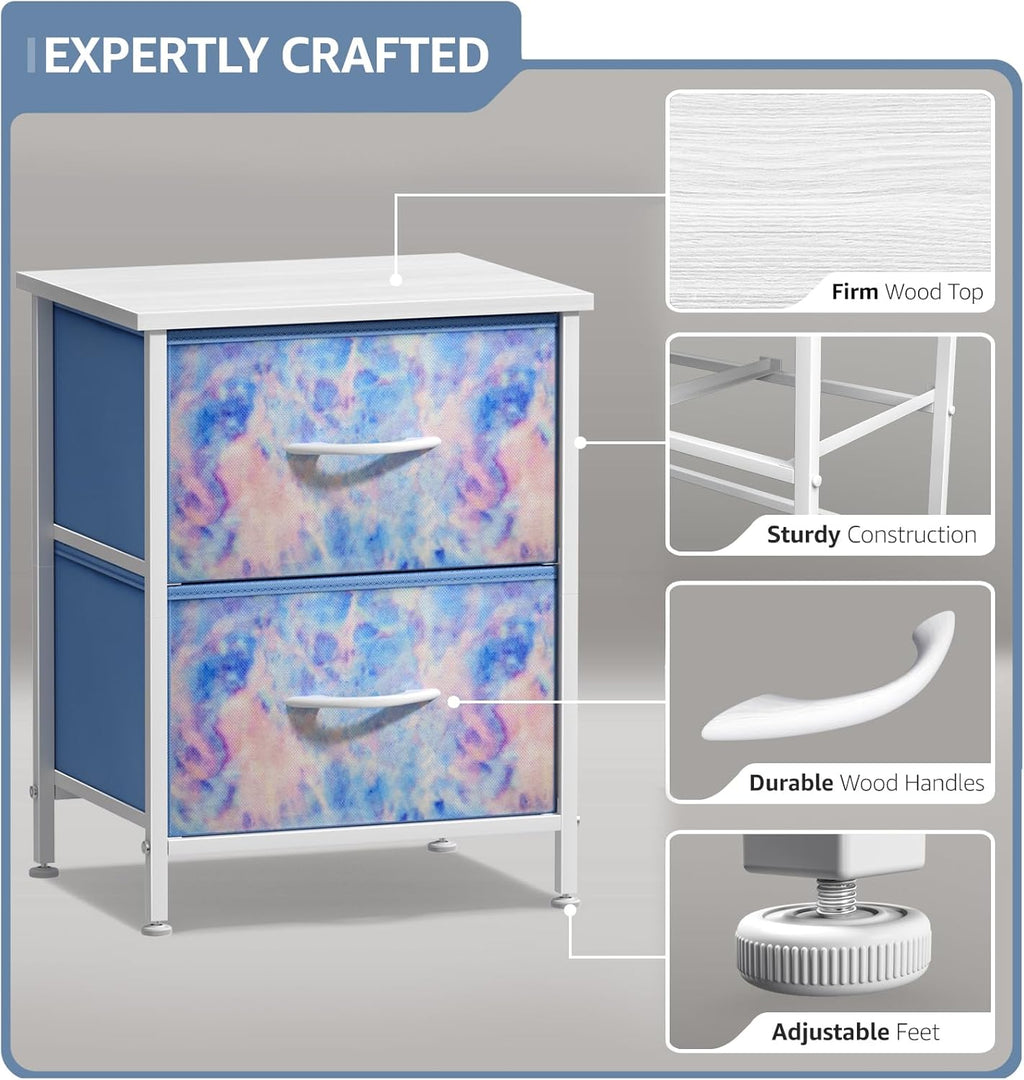 2-Drawer Kids Nightstand for Bedroom (Tie-Dye Blue)