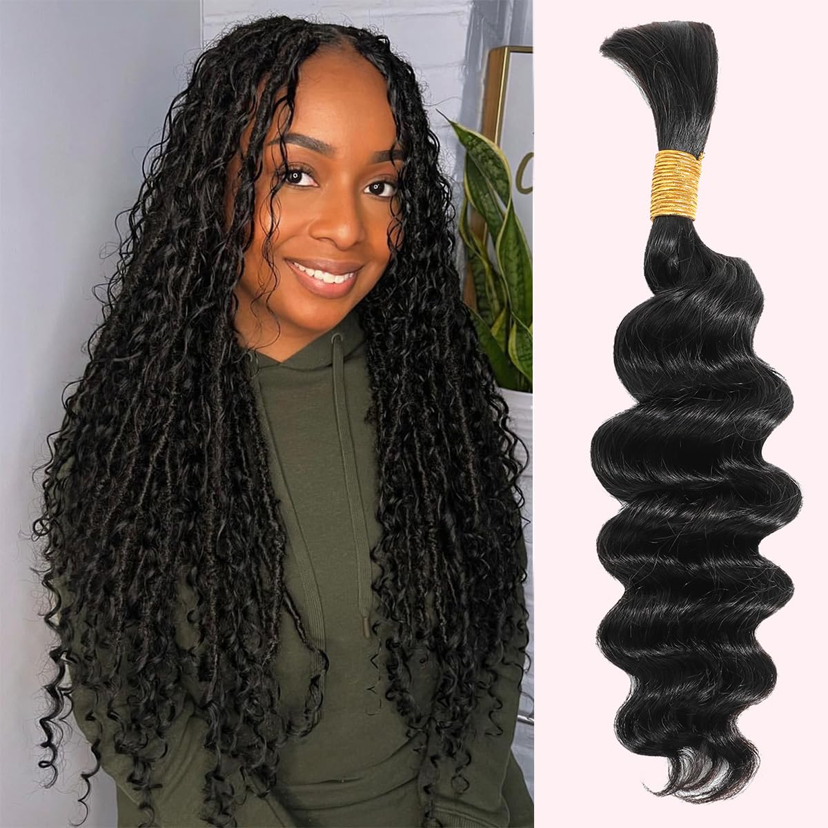HWO Human Braiding Hair for Boho Braids 50g Deep Wave Bulk Human Hair for Braiding No Weft Boho Knotless Braids Human Hair Bulk 100 Percent Human Braiding Hair Wet and Wavy Bulk Hair 16 Inch(1 Bundle)