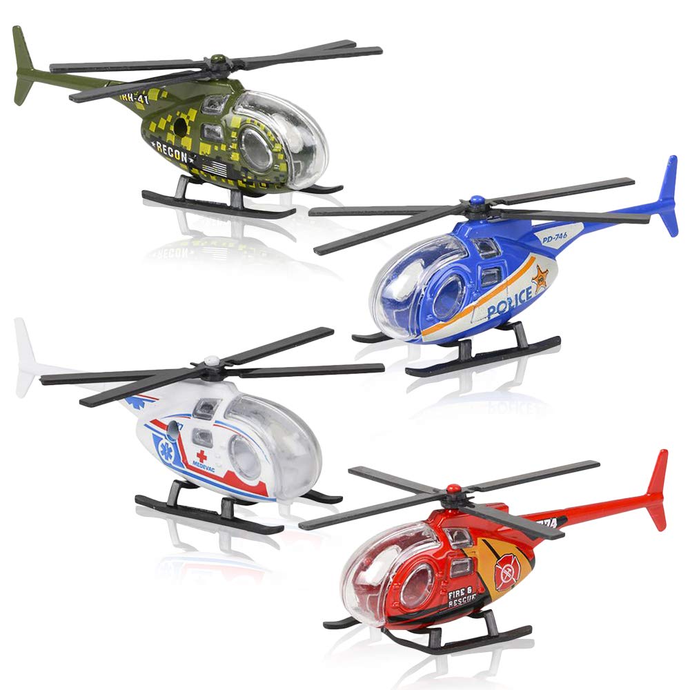 ArtCreativity Diecast Helicopters - Pack of 4 - Police Fire Engine EMS and Military Diecast Toy Choppers with Spinning Propellers Birthday Party Favors for Boys and Girls