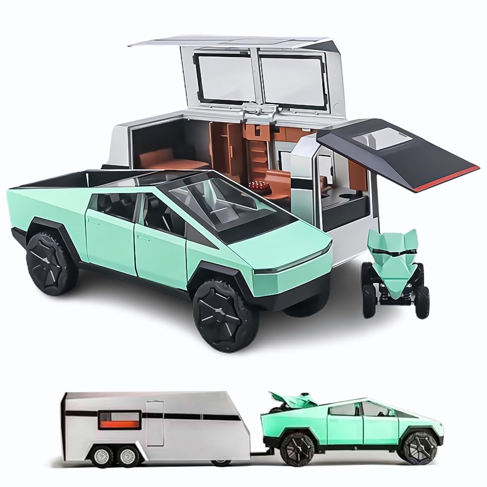 1/24 diecast Pickup Trailer Model Toy Truck Off-Road Vehicle AlloyCar Model Diecast Metal ToyTruck Model Simulation Sound LightGifts for boy Girl. (1:24 with RV Green)