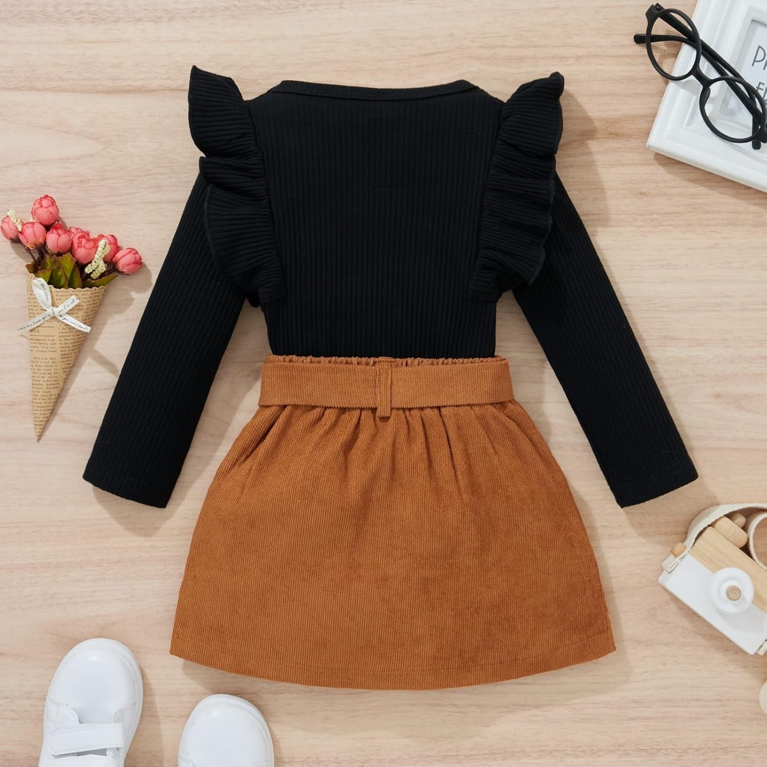 Kupretty Toddler Baby Girl Fall Winter Clothes Turtleneck Solid Knit Pullover Tops Plaid Button Mini Skirts Set Outfits