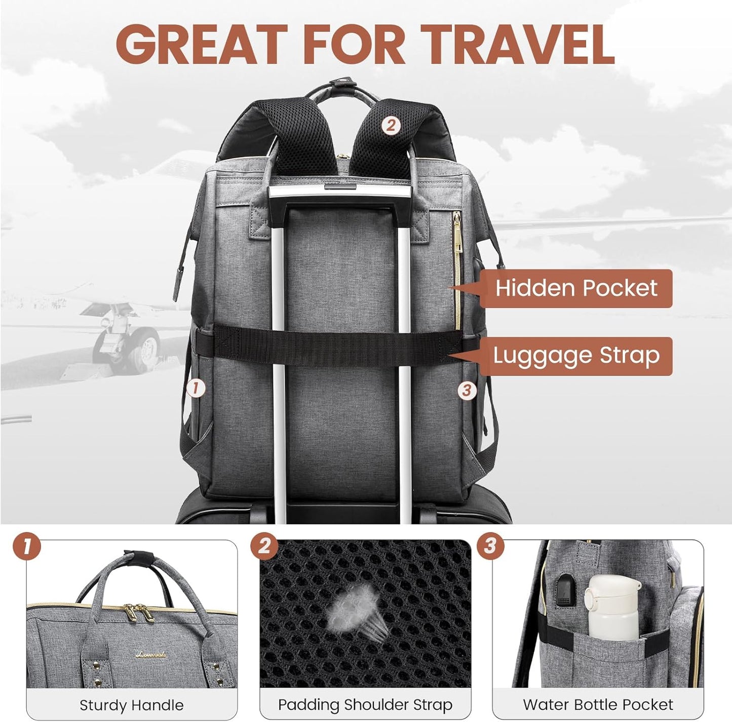Laptop Backpack for Women,15.6 Inch Professional Womens Travel Backpack Purse Computer Laptop Bag Nurse Teacher Backpack,Waterproof College Work Bags Carry on Back Pack with USB Port,Grey