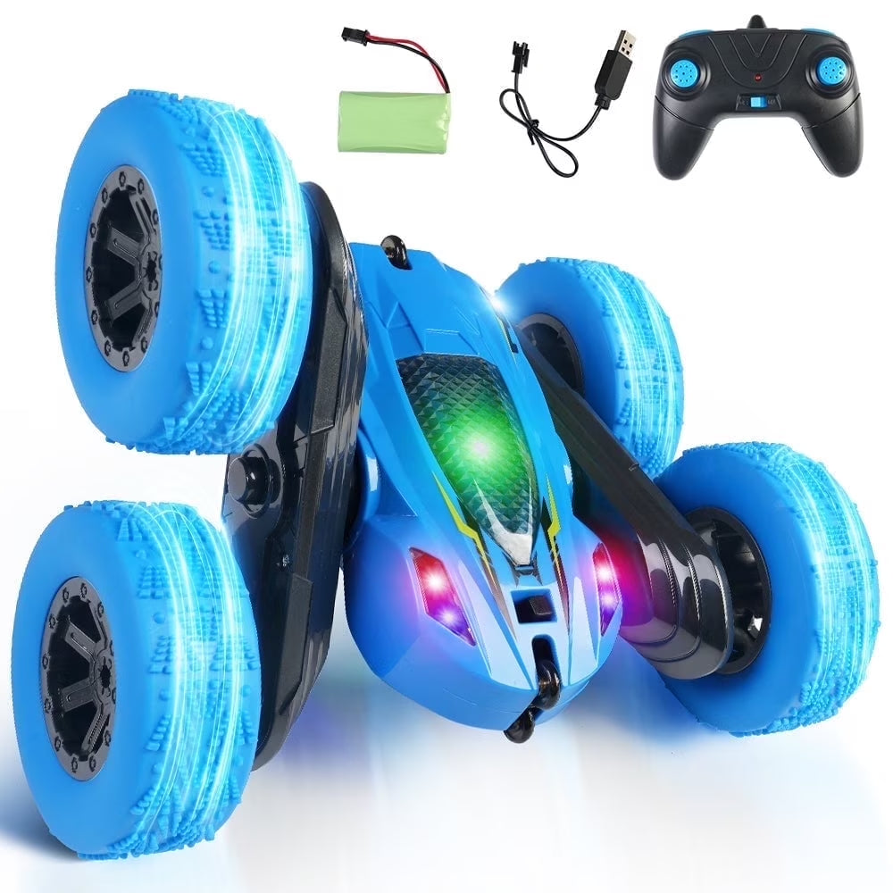 Remote Control Car Double Sided 360°Rotating 4WD RC Cars with Headlights 2.4Ghz Rechargeable Toy Cars, Blue