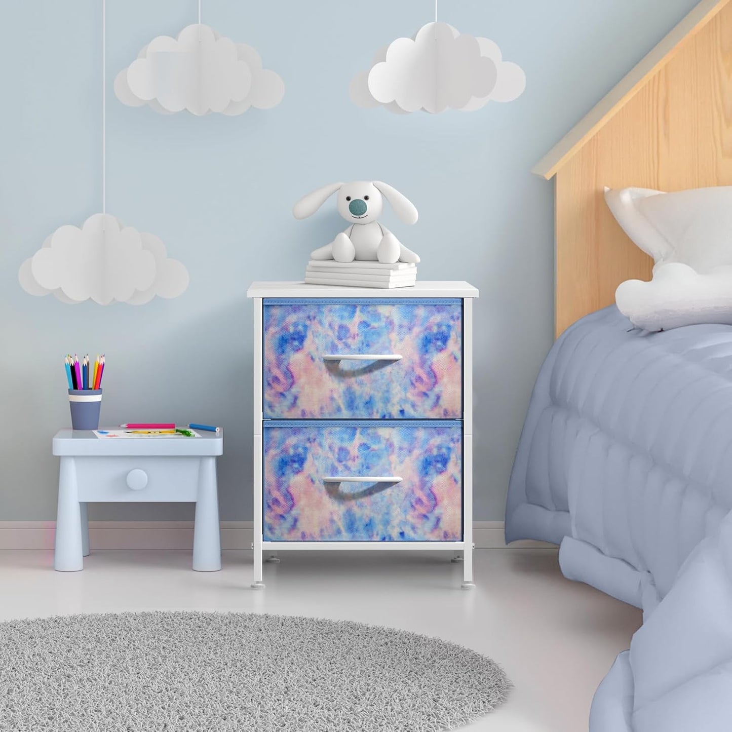 2-Drawer Kids Nightstand for Bedroom (Tie-Dye Blue)