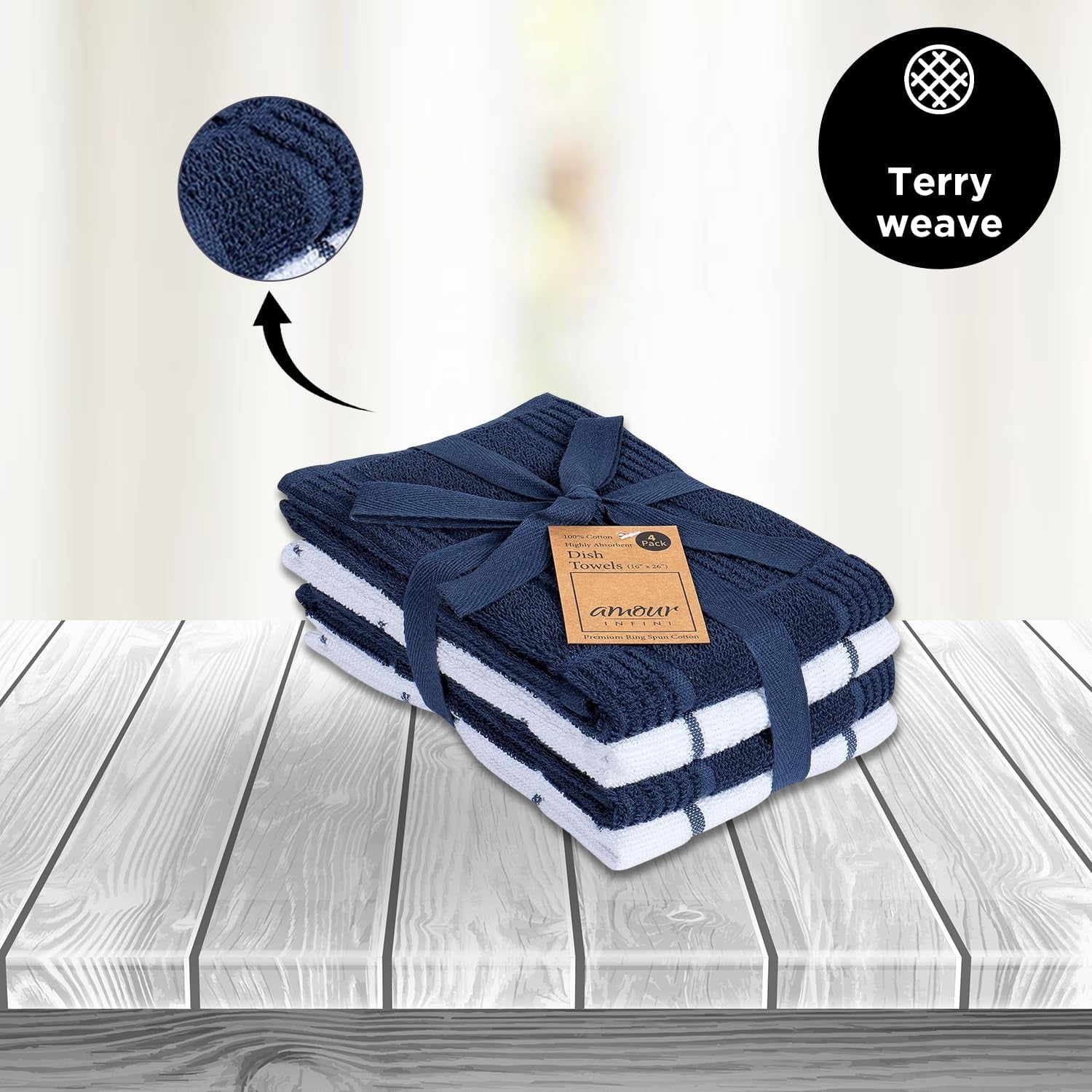 Kitchen Towels Pack of 4, Terry Cotton Dish Towels, Ultra Absorbent, Quick Drying Hand & Tea Towels, Soft Durable Cleaning Cloths with Hanging Loop, 16 X 26 Inch (Navy/Blue)