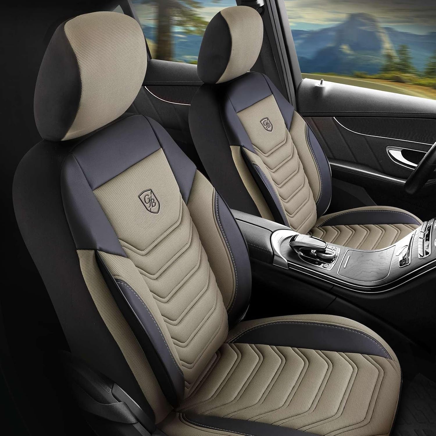 Premium Car Seat Covers Front Seat - Piqué Fabric Car Seat Cover for SUV, Cars, Most Pickups, Beige-Black, Car Seat Protector, Car Seat Covers Front Seats, Car Seat Protector