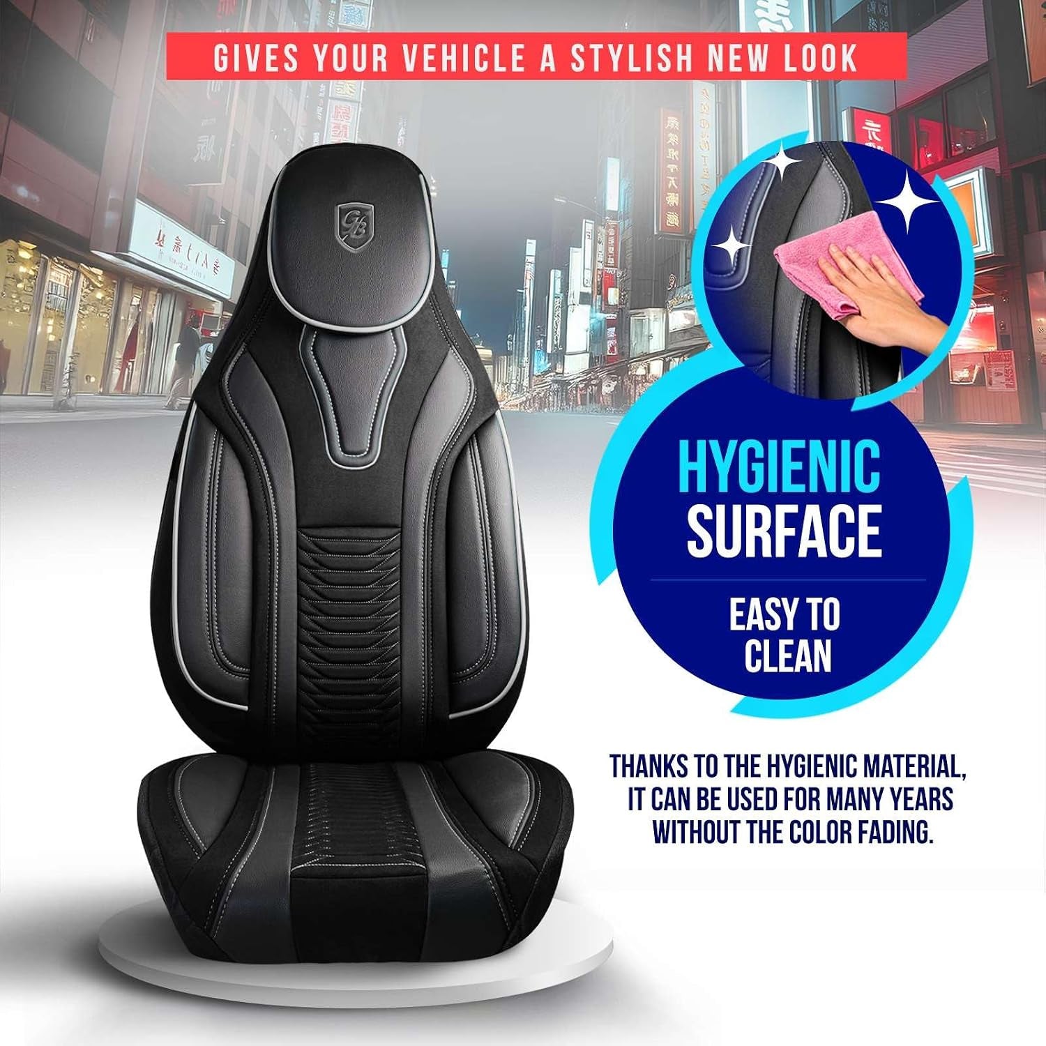 Premium Car Seat Covers Front Seat - Velour & Leather Car Seat Cover for SUV, Cars, Most Pickups, Black-Grey, Car Seat Protector, Car Seat Covers Front Seats, Car Seat Protector