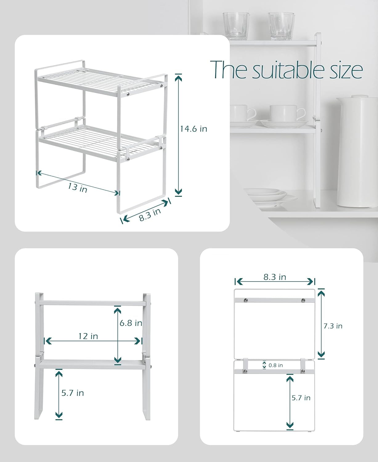 Cabinet Shelf Organizer, Pantry Shelf Rack, White 13X8.3X7.3