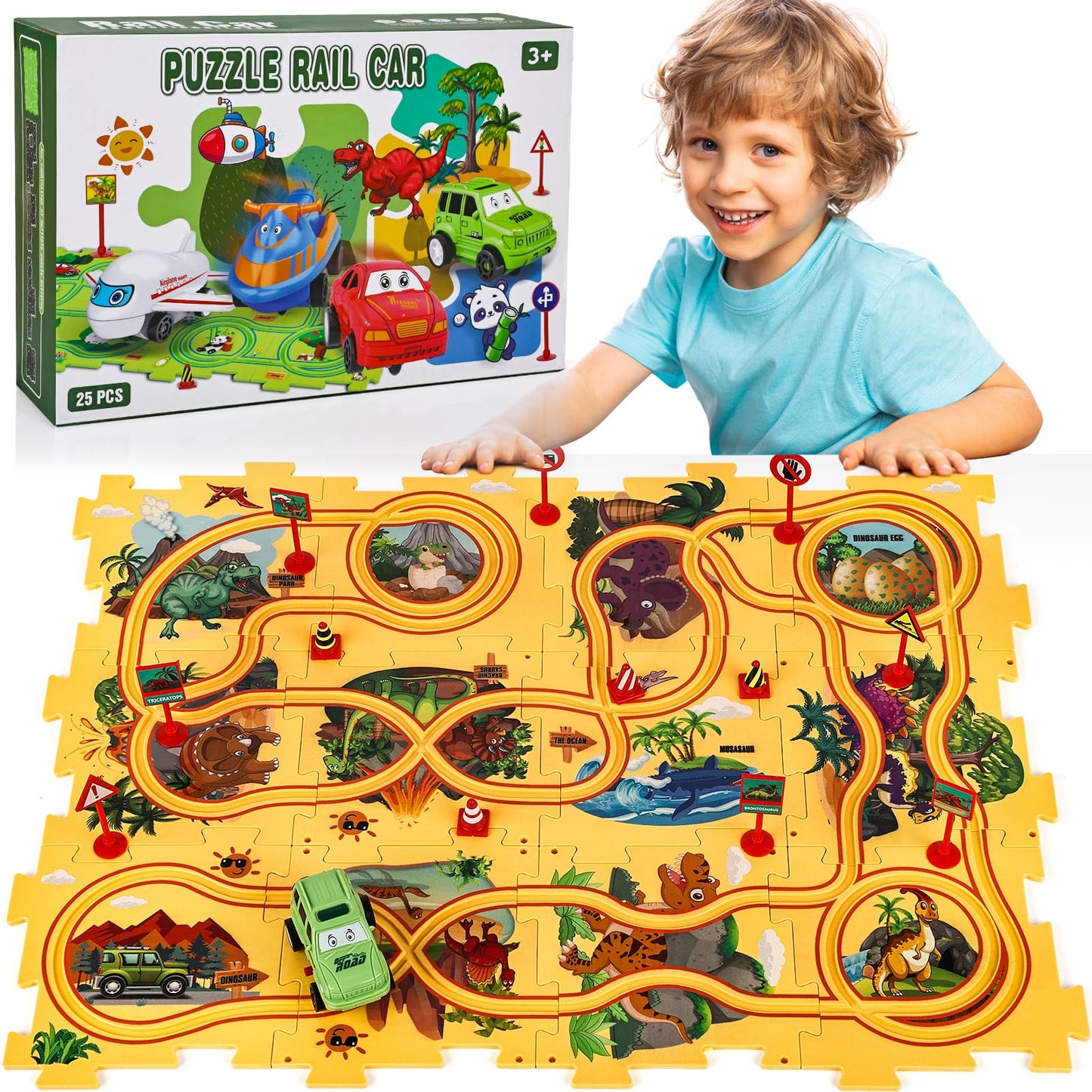 25PCS Puzzle Racer Kids Car Track Set Dinosaur Themed Series Puzzle Track Car Play Set Rail Car Puzzle Track Kids Car Track Educational Puzzle Toys Gifts for Kids Boys and Girls