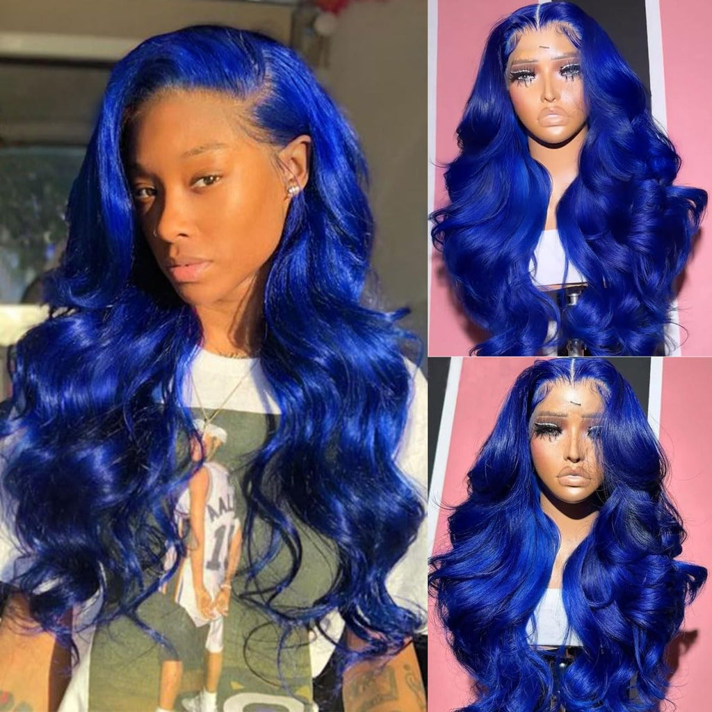 Blue Glueless Wigs Human Hair Pre Plucked With Baby Hair 200% Density Dark Blue 9x6 Body Wave Lace Front Wigs Human Hair for Women HD Transparent Lace Frontal Blue Colored Wigs Human Hair 18 Inch