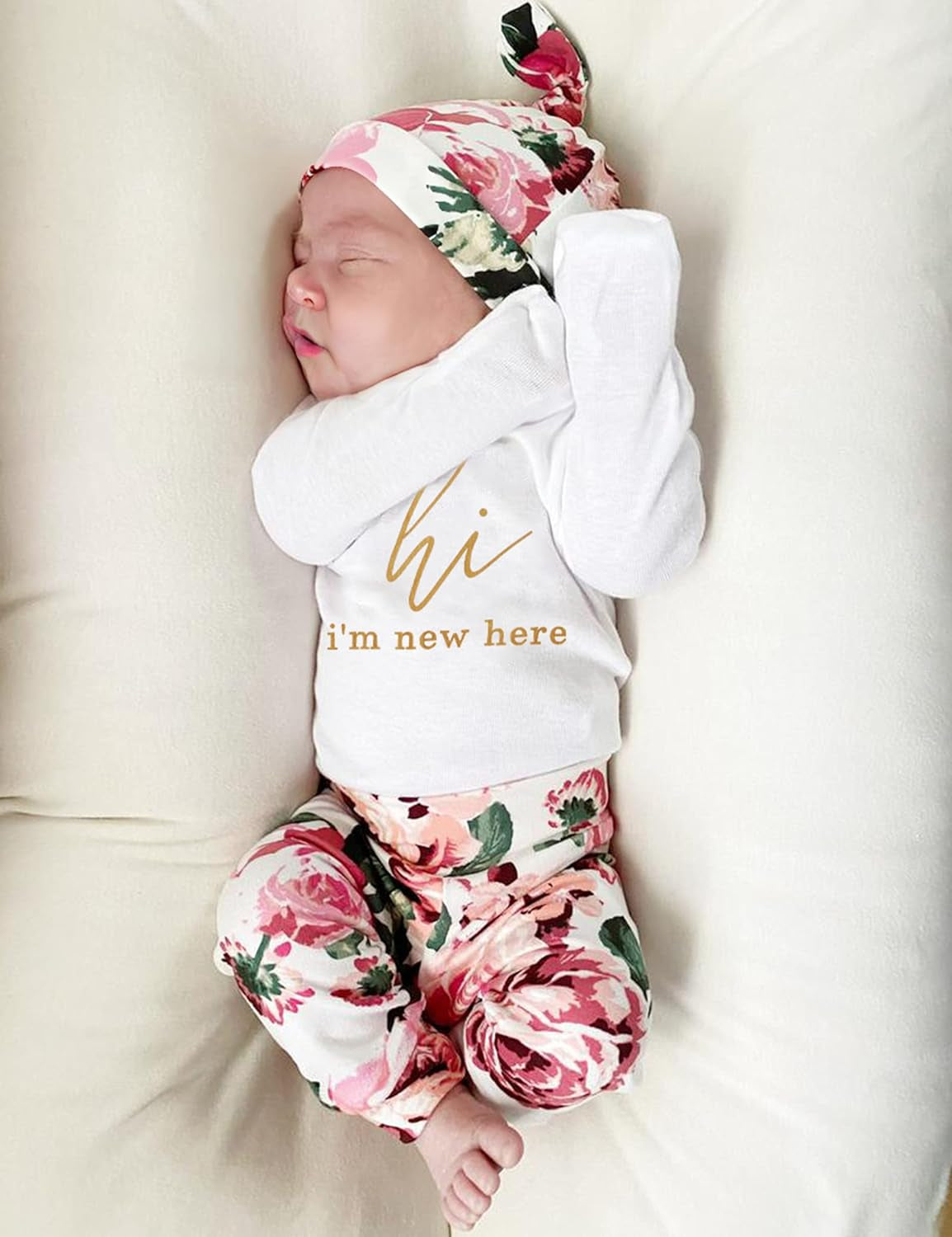KANGKANG Newborn Baby Girl Clothes Hi I'M New Here Newborn Outfit Infant Romper Floral Pants Cute Baby Girl Outfits 4PC Set