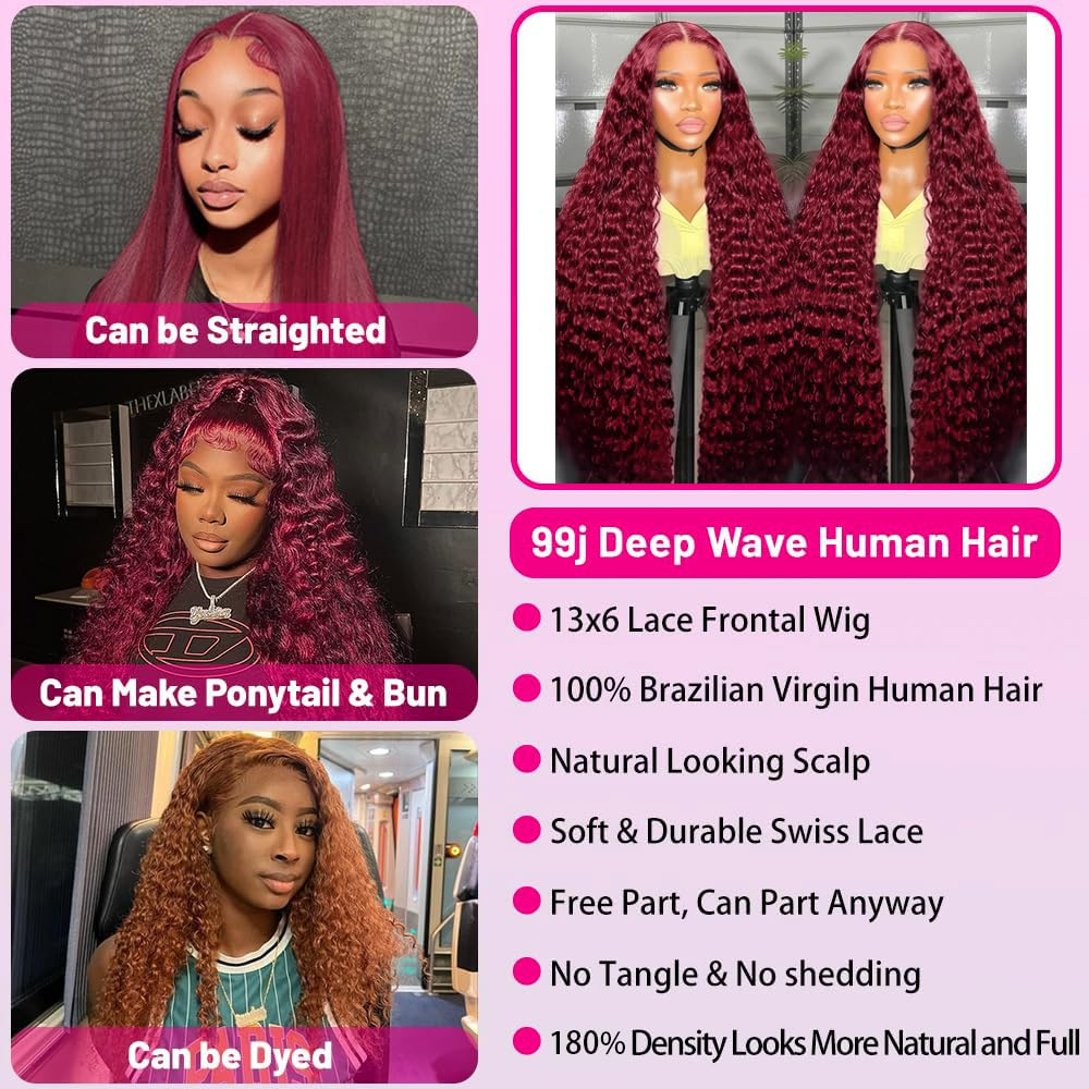 99J Burgundy Wig Human Hair 13X6 Deep Wave Lace Front Wigs Human Hair 180 Densit