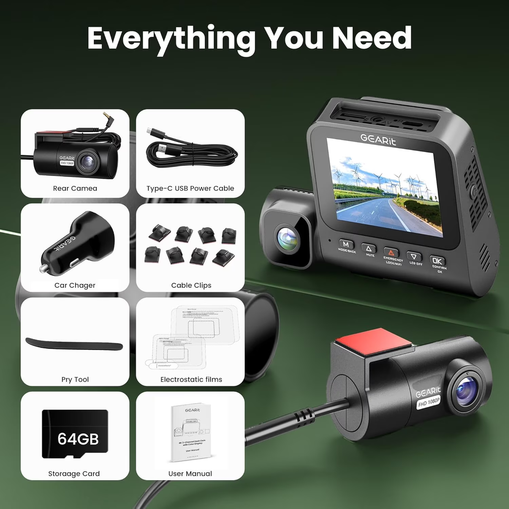 3-Channel Dash Cam Front and Rear with 4K Recording, Interior Cabin Camera, Nigh