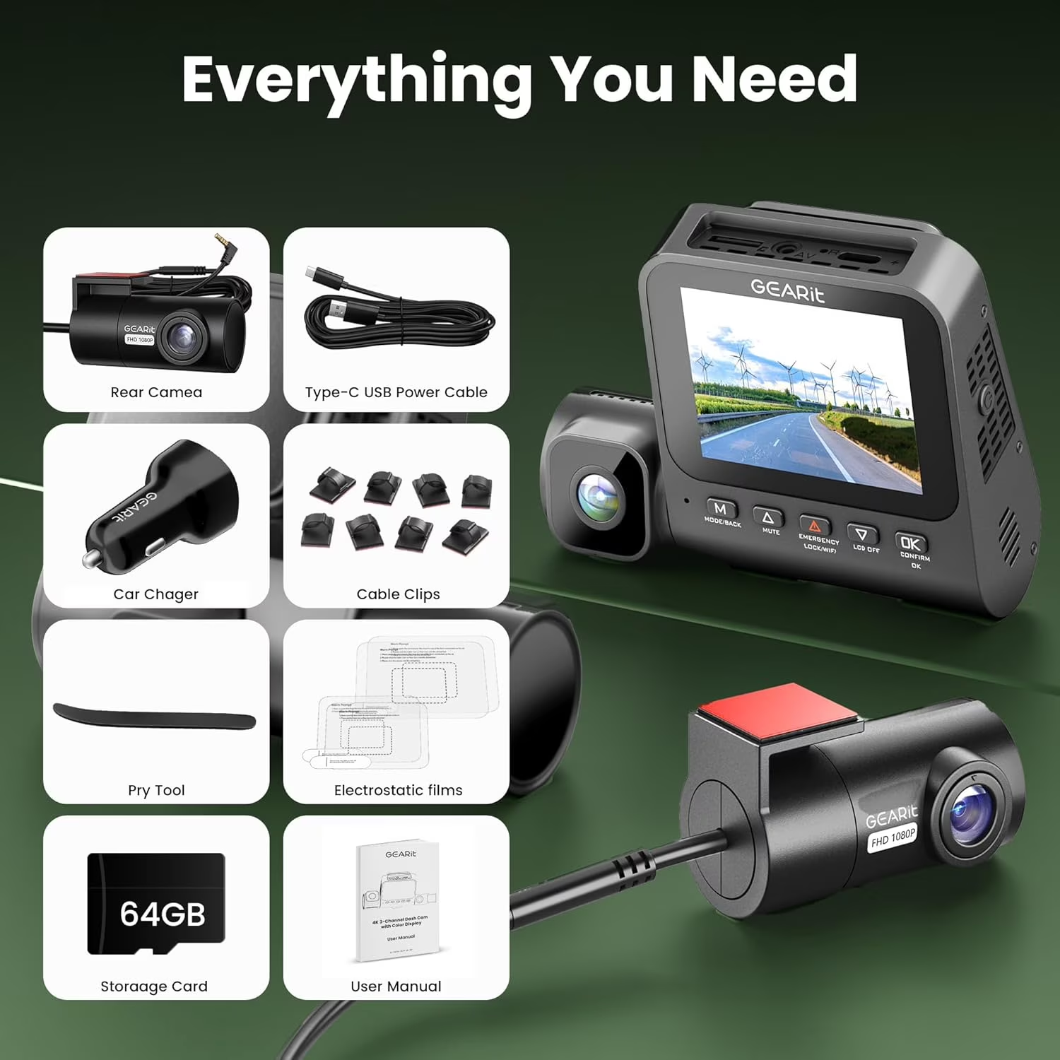 3-Channel Dash Cam Front and Rear with 4K Recording, Interior Cabin Camera, Nigh