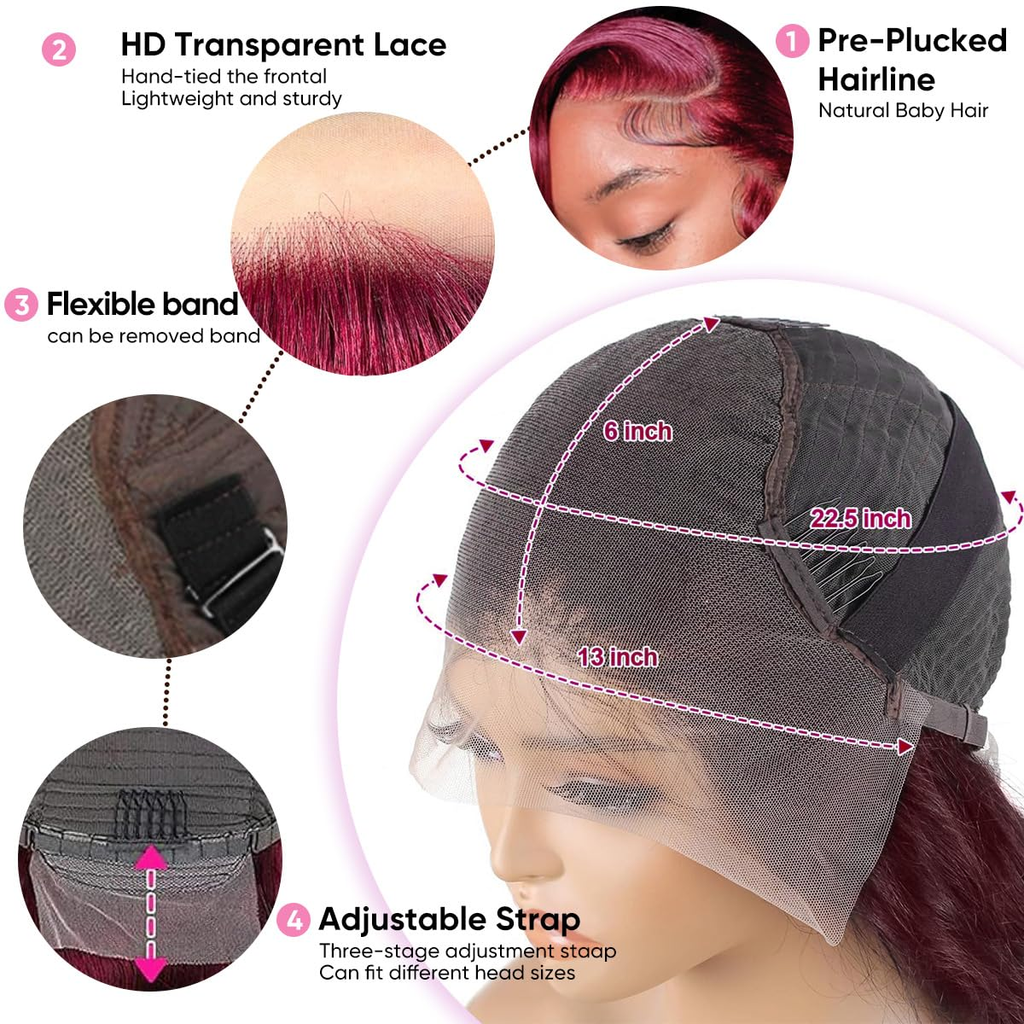 99J Burgundy 13X6 Body Wave Lace Front Wigs Human Hair Preplucked for Women | Re
