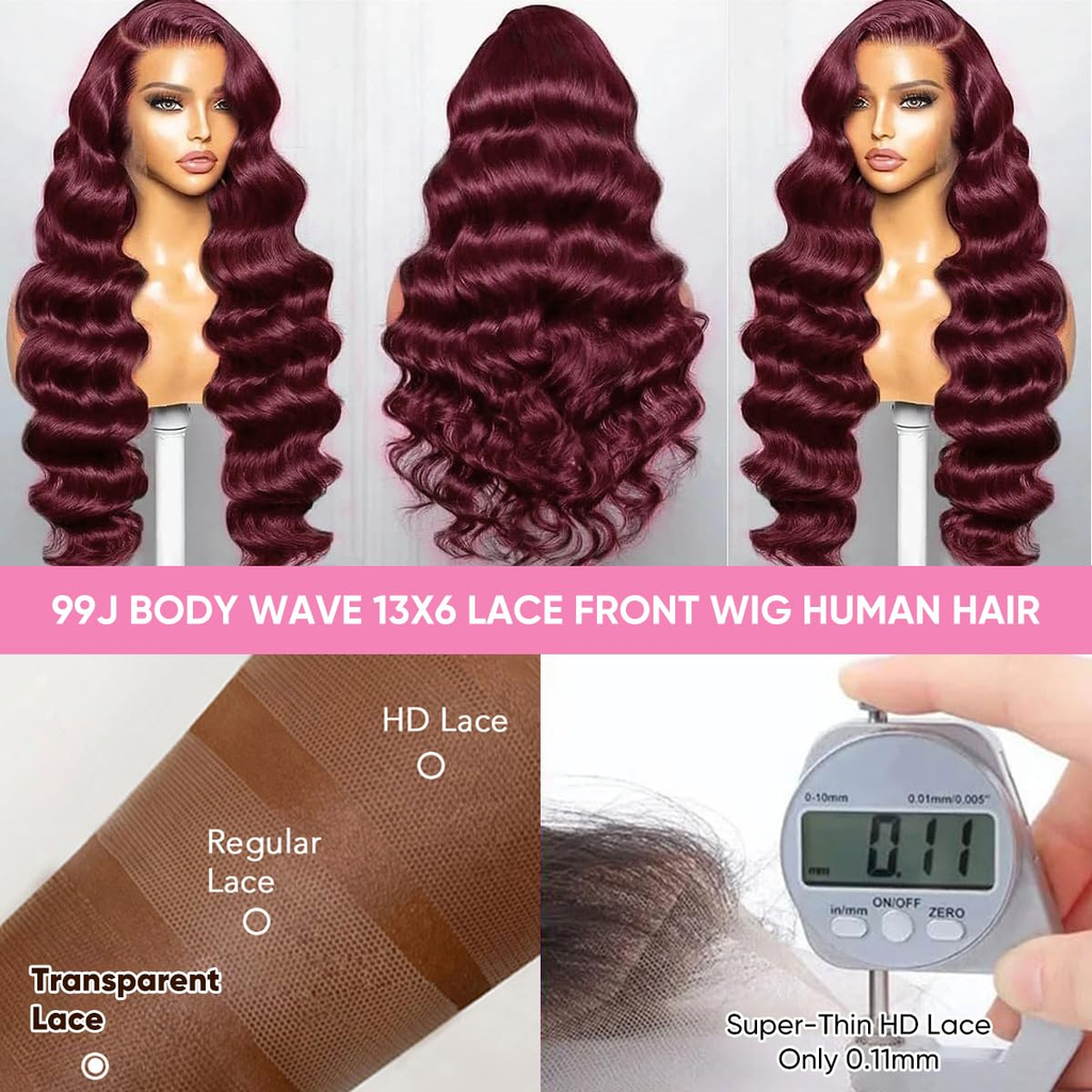 99J Burgundy 13X6 Body Wave Lace Front Wigs Human Hair Preplucked for Women | Re