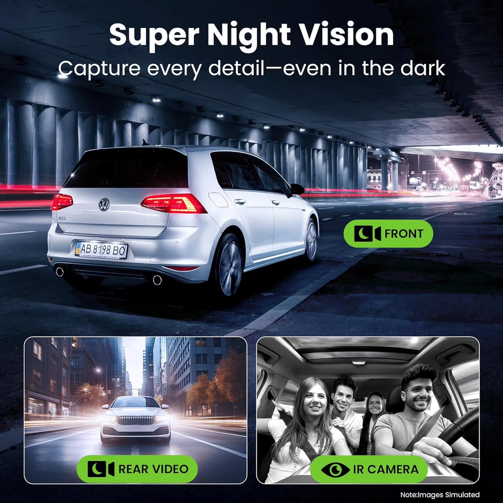 3-Channel Dash Cam Front and Rear with 4K Recording, Interior Cabin Camera, Nigh