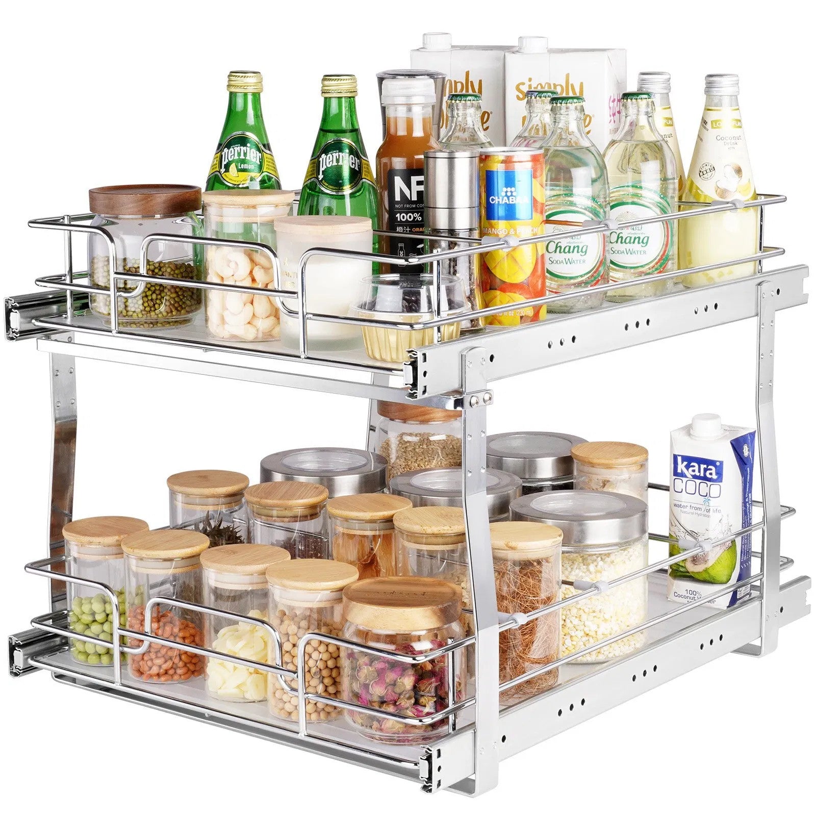 2 Tier 17"Wx21"Dx15"H Pull Out Cabinet Organizer, Heavy Duty Slide Out Pantry Sh