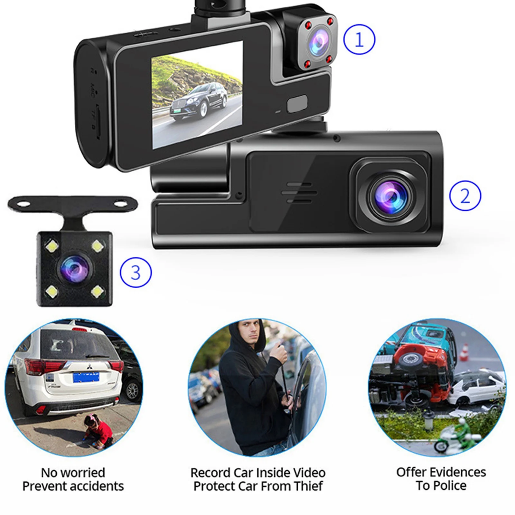 3 Channel Dash Cam, NO Wifi, FHD 1080P Car Camera, Front Dash Camera Front and R