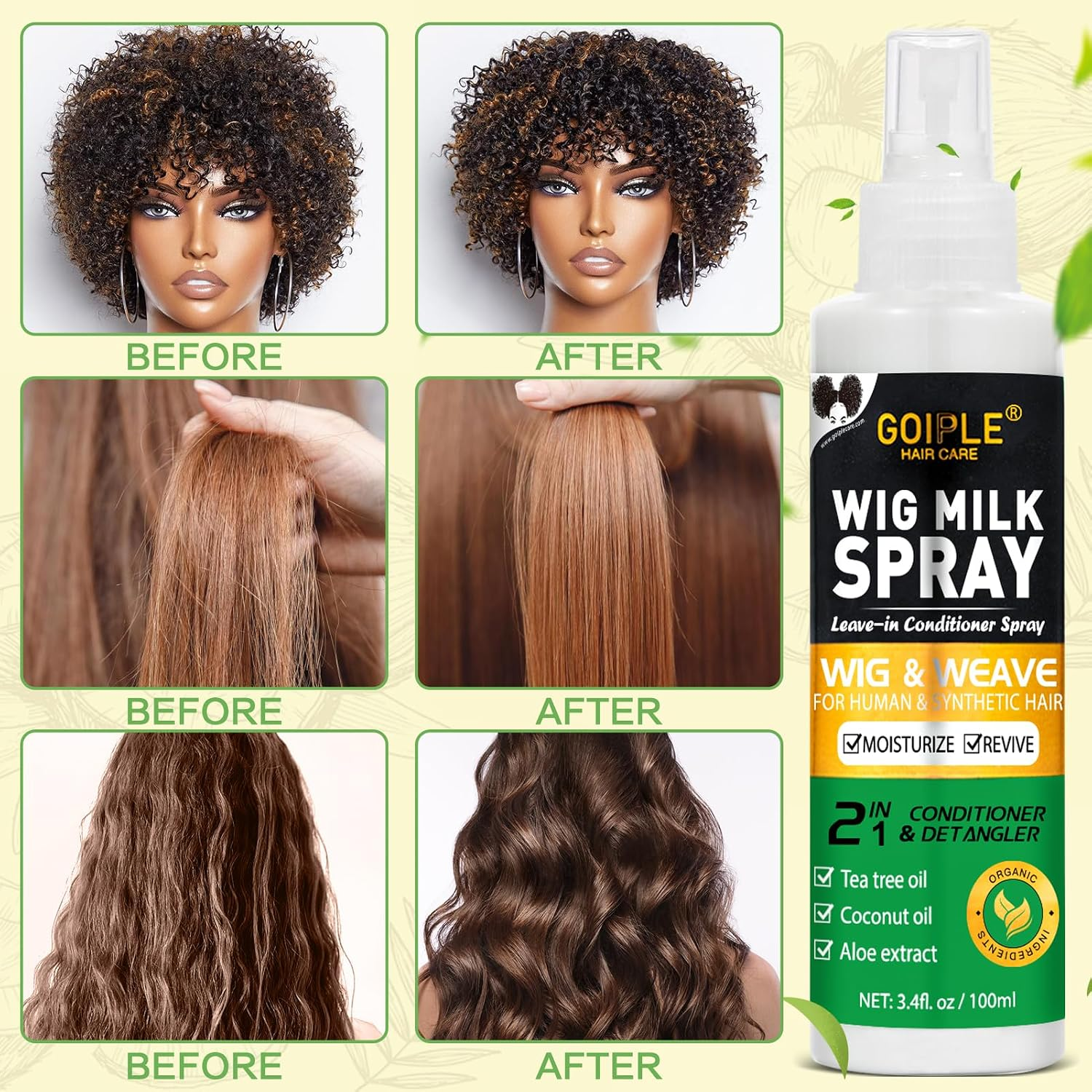 2PCS Wig Milk Spray for Synthetic Hair, Leave-In Conditioner Wig Detangler Spray
