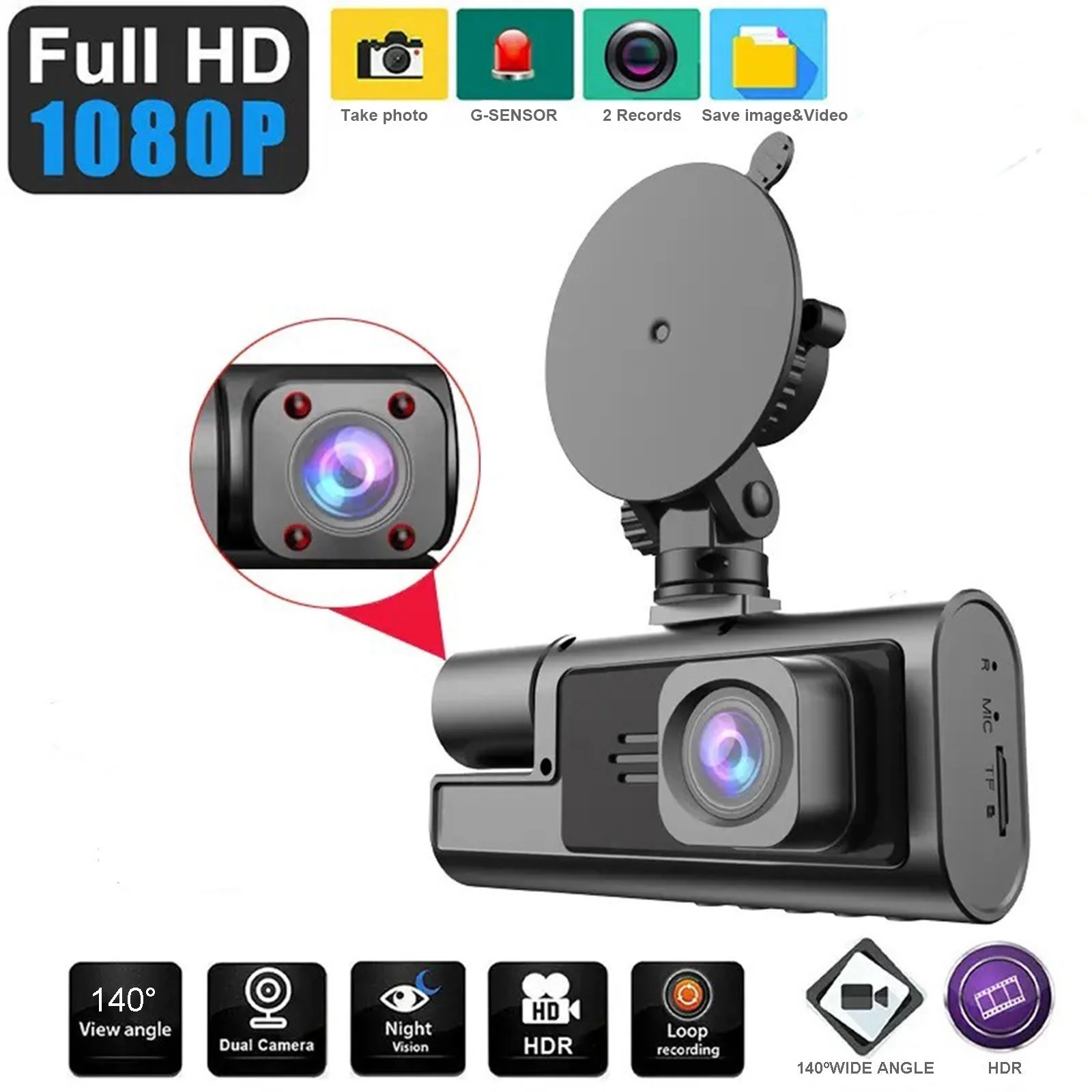 3 Channel Dash Cam, NO Wifi, FHD 1080P Car Camera, Front Dash Camera Front and R