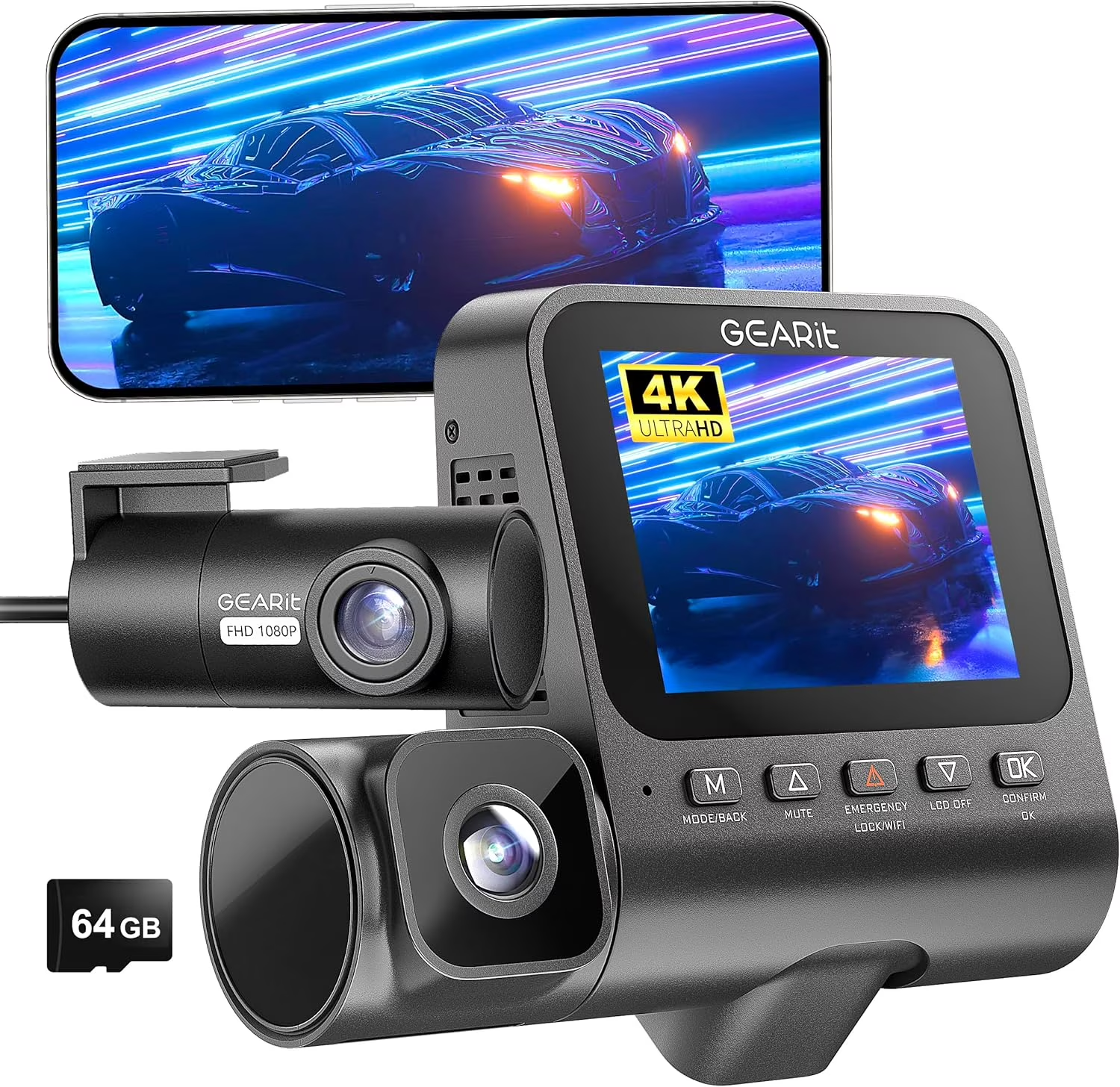 3-Channel Dash Cam Front and Rear with 4K Recording, Interior Cabin Camera, Nigh