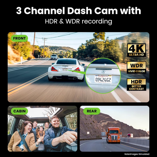 3-Channel Dash Cam Front and Rear with 4K Recording, Interior Cabin Camera, Nigh