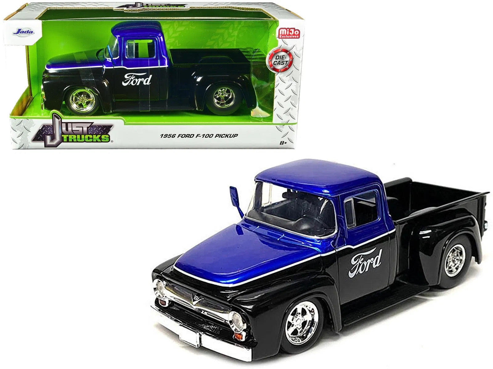 1956 Ford F-100 Pickup Truck Black and Blue Metallic with Ford Graphics "Just Tr