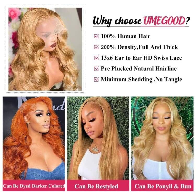 250% Density 30Inch Honey Blonde Wig Human Hair 13X6 HD Transparent Lace Front W