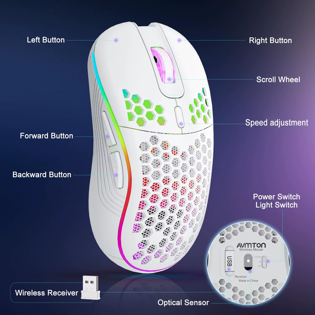 2.4G Wireless Mouse with RGB Backlit 6-Button 3-Speed DPI Type C Rechargeable Er