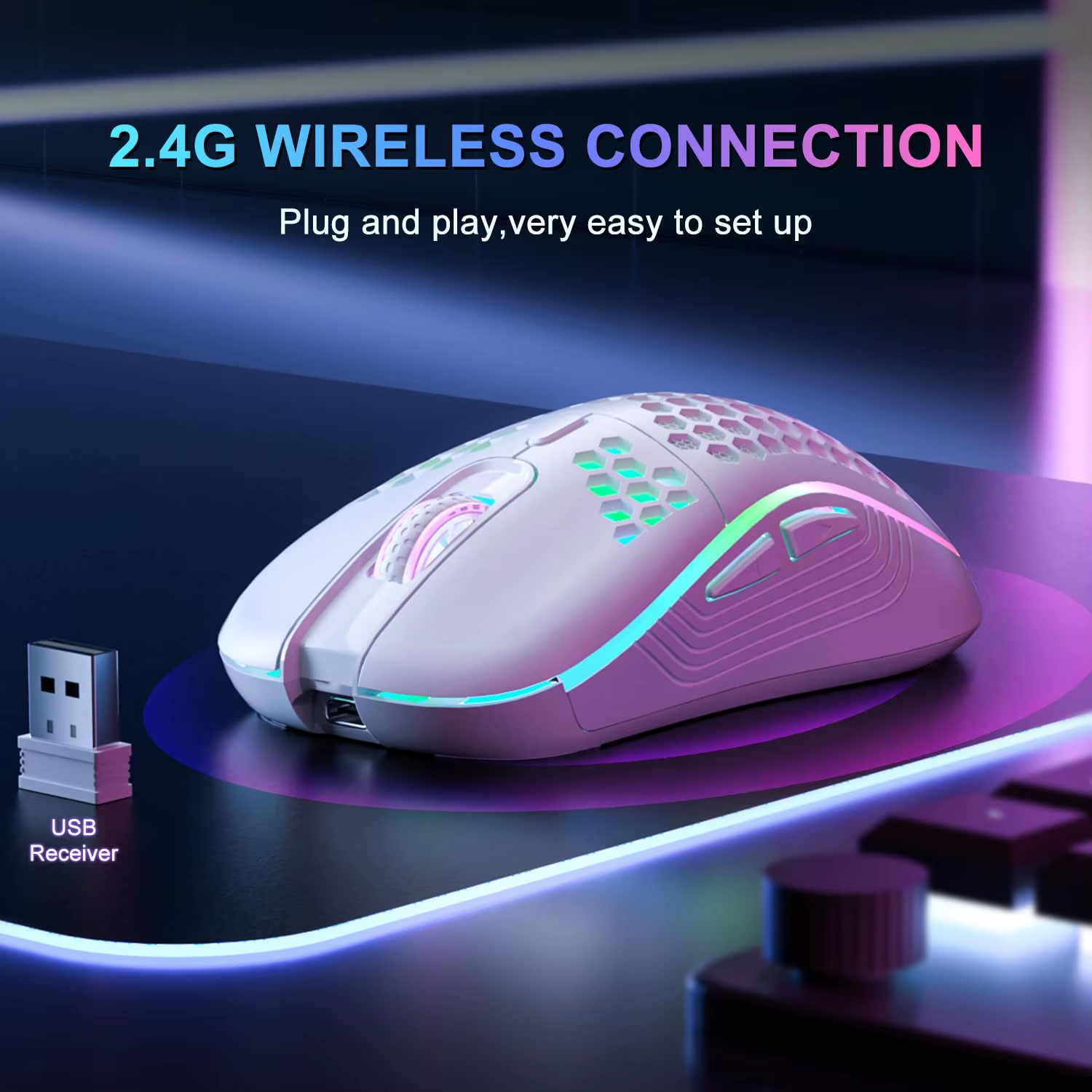 2.4G Wireless Mouse with RGB Backlit 6-Button 3-Speed DPI Type C Rechargeable Er