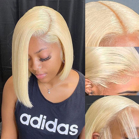 HUIWANYAN Blonde Wig Human Hair 613 Bob Wig Human Hair Glueless 13x4 Hd Blonde Lace Front Wigs Human Hair Pre Plucked 180% Density Straight Short Bob Wigs For Black Women Natural Hairline 12 Inch