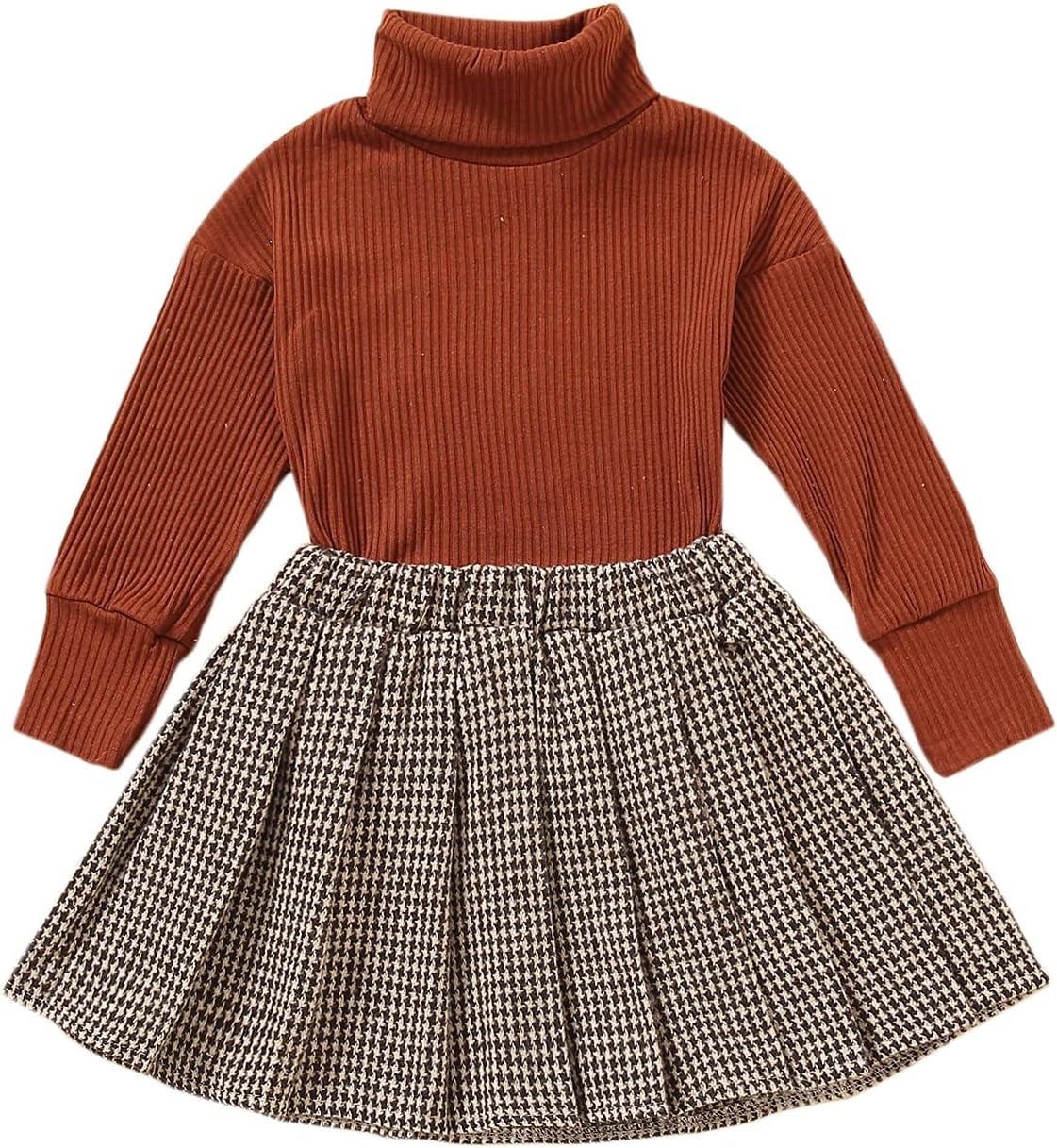 Kupretty Toddler Baby Girl Fall Winter Clothes Turtleneck Solid Knit Pullover Tops Plaid Button Mini Skirts Set Outfits