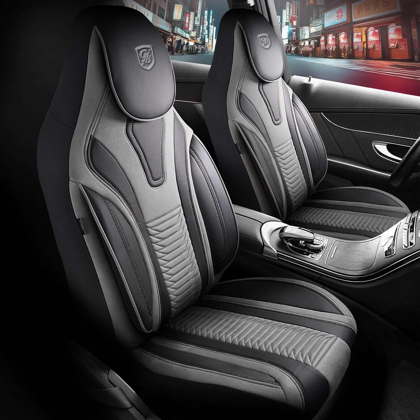 Premium Car Seat Covers Front Seat - Velour & Leather Car Seat Cover for SUV, Cars, Most Pickups, Grey-Black, Car Seat Protector, Car Seat Covers Front Seats, Car Seat Protector