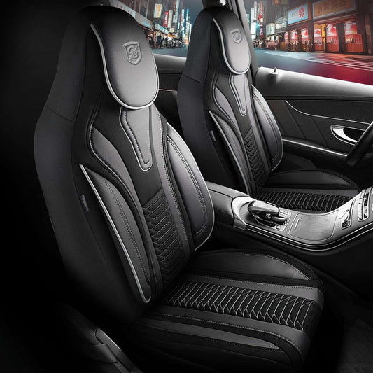 Premium Car Seat Covers Front Seat - Velour & Leather Car Seat Cover for SUV, Cars, Most Pickups, Black-Grey, Car Seat Protector, Car Seat Covers Front Seats, Car Seat Protector