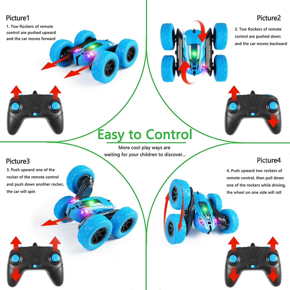 Remote Control Car Double Sided 360°Rotating 4WD RC Cars with Headlights 2.4Ghz Rechargeable Toy Cars, Blue
