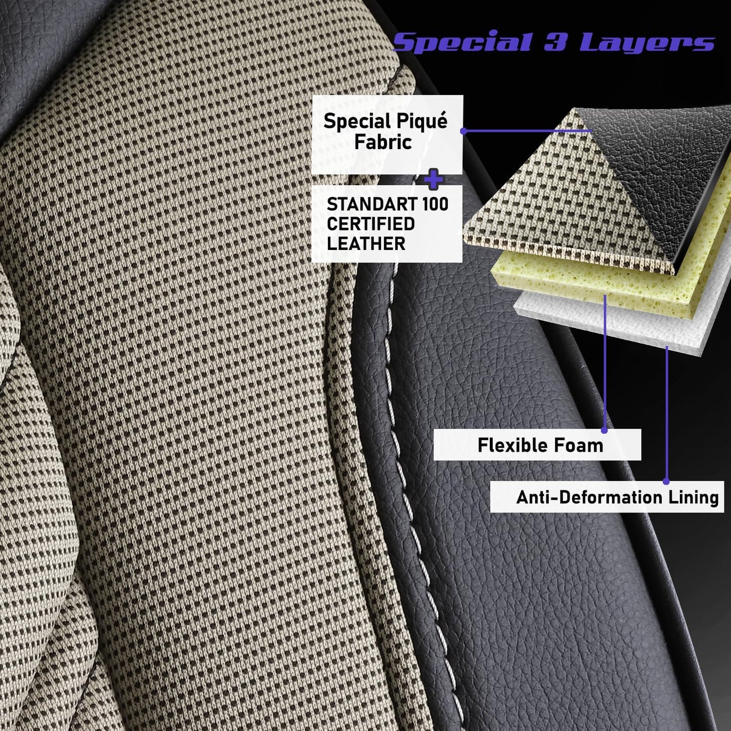 Premium Car Seat Covers Front Seat - Piqué Fabric Car Seat Cover for SUV, Cars, Most Pickups, Beige-Black, Car Seat Protector, Car Seat Covers Front Seats, Car Seat Protector