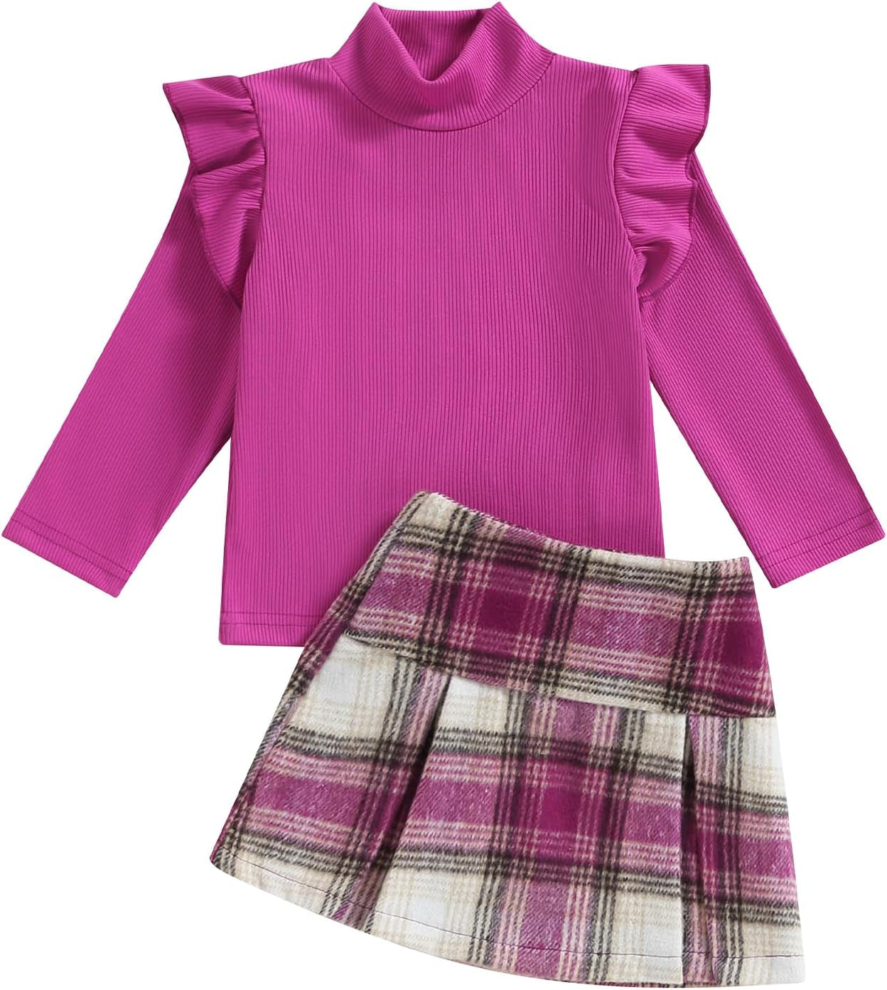 Kupretty Toddler Baby Girl Fall Winter Clothes Turtleneck Solid Knit Pullover Tops Plaid Button Mini Skirts Set Outfits