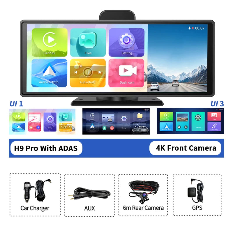 10.26" H9 Pro 4K Dash Cam ADAS Wireless Carplay Android Auto Car DVR Camera AUX 5G Wifi GPS Navigation Video Recorder