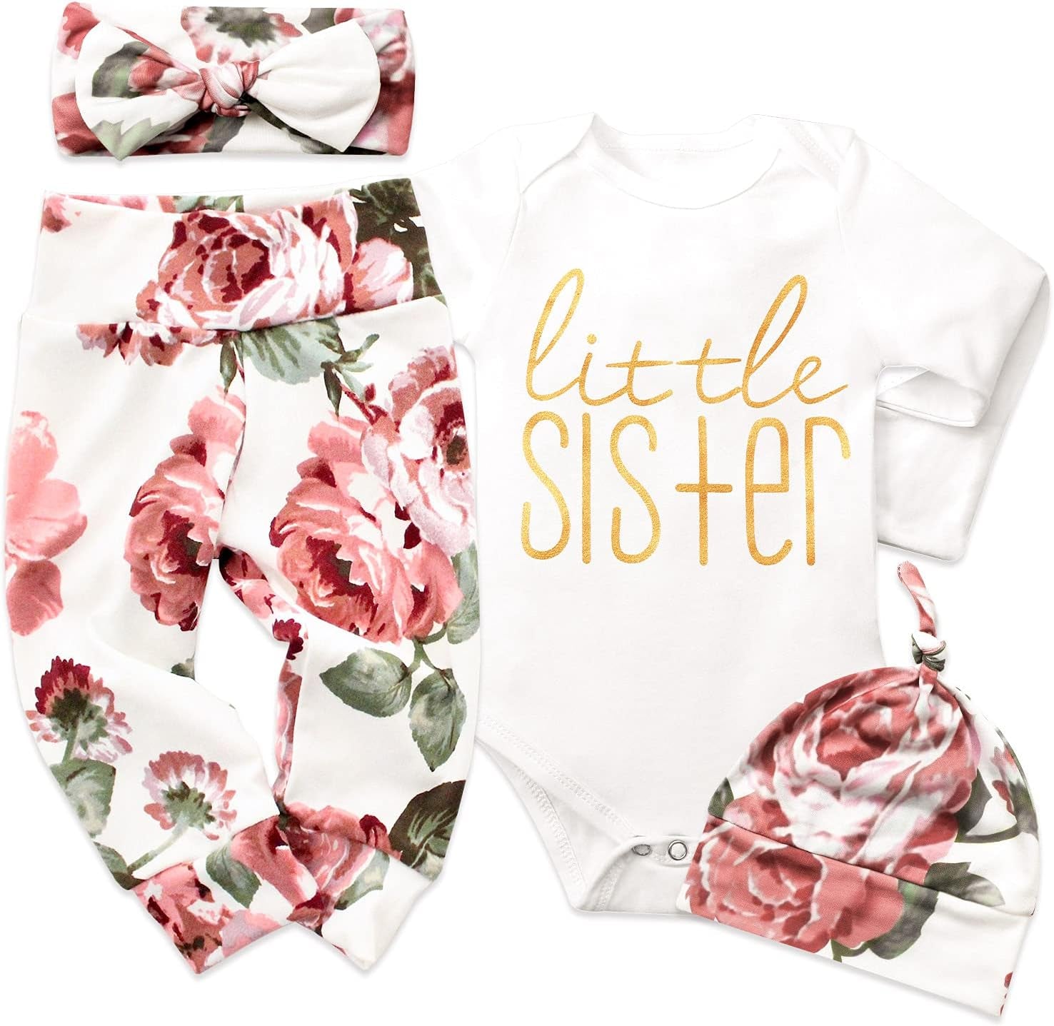 KANGKANG Newborn Baby Girl Clothes Hi I'M New Here Newborn Outfit Infant Romper Floral Pants Cute Baby Girl Outfits 4PC Set