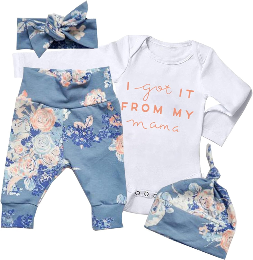 KANGKANG Newborn Baby Girl Clothes Hi I'M New Here Newborn Outfit Infant Romper Floral Pants Cute Baby Girl Outfits 4PC Set